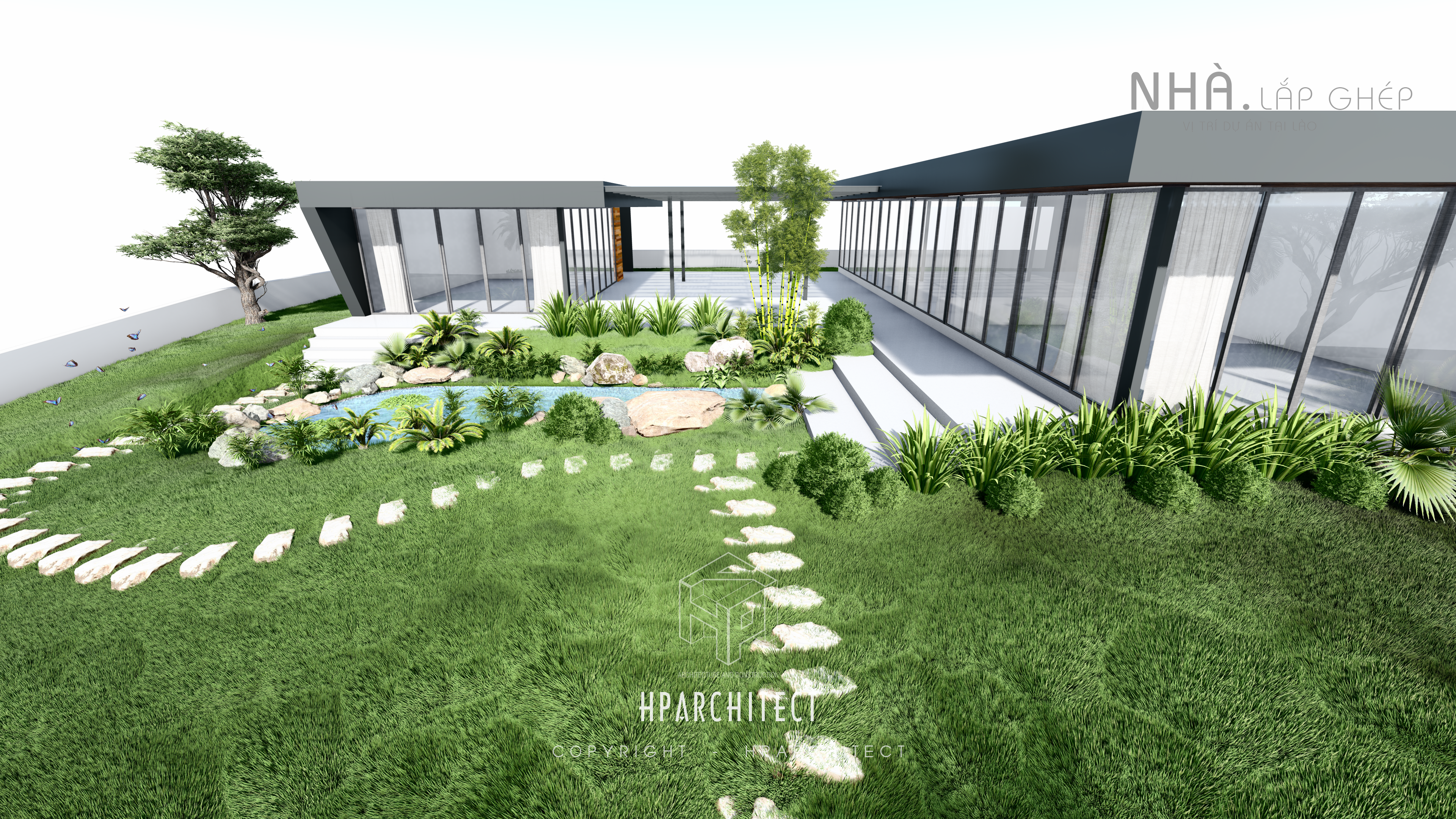 Thiết kế mái dốc hiện đại và hệ thống cửa kính lớn